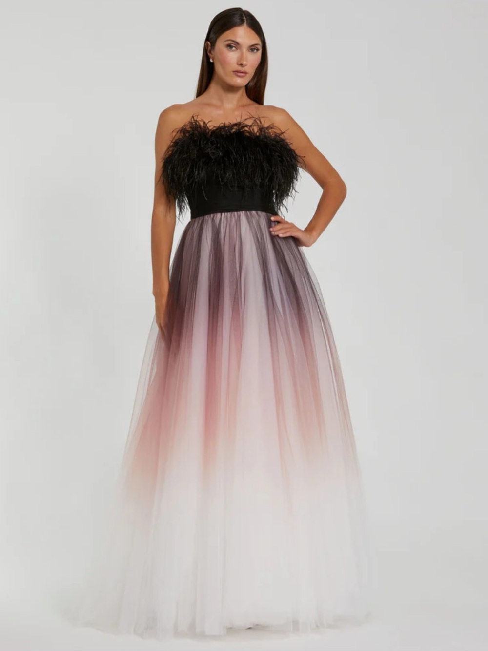 Mac Duggal Black Ombre Strapless Feather Bodice Tulle Gown 20557